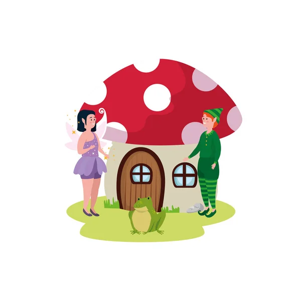 Fée magique avec elfe et champignon maison — Image vectorielle