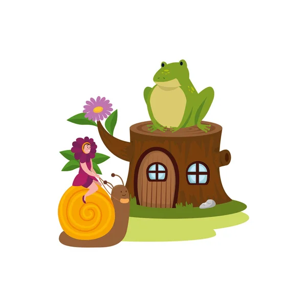 Woman disguised of flower with tree house and toad — Stock Vector