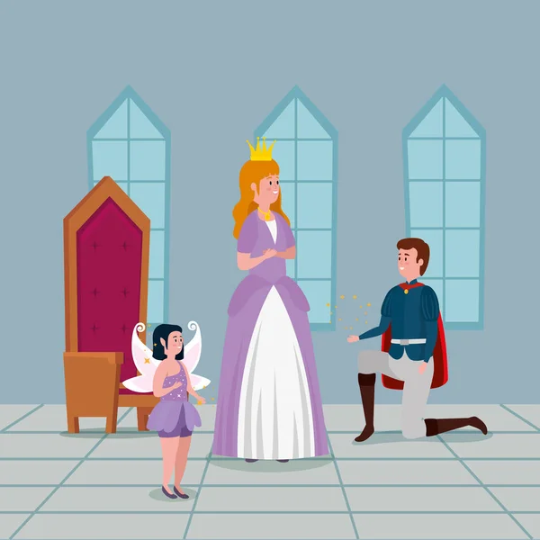 Princesa con príncipe en castillo interior — Vector de stock