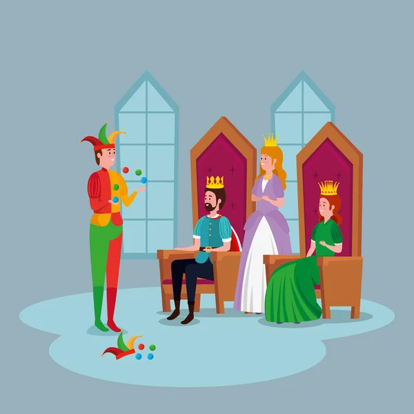 Princesa com reis e brincalhão no castelo — Vetor de Stock