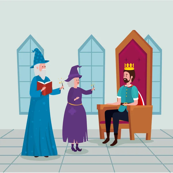 König mit Zauberer und Hexe im Schloss — Stockvektor