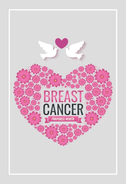 Poster breast cancer awareness month with heart and doves — Stock Vector