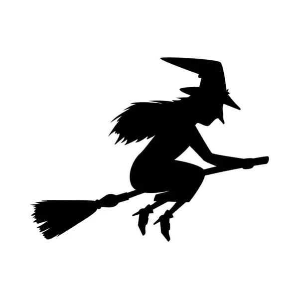 Silueta de bruja volando en escoba icono aislado — Vector de stock