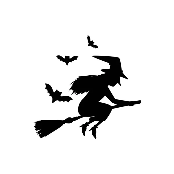 Silhouette de sorcière volant dans balai icône isolée — Image vectorielle
