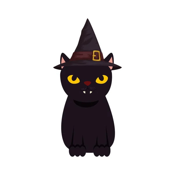 Preto gato halloween com chapéu bruxa — Vetor de Stock