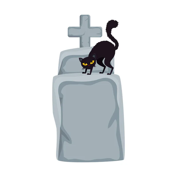 Гробница Хэллоуина с черной кошкой — стоковый вектор