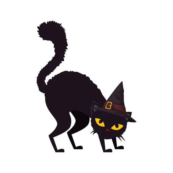 Černá kočka halloween s kloboukem čarodějnice — Stockový vektor