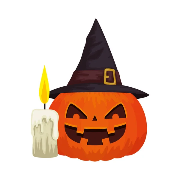 Хэллоуин тыква с ведьмой шляпа и свеча — стоковый вектор