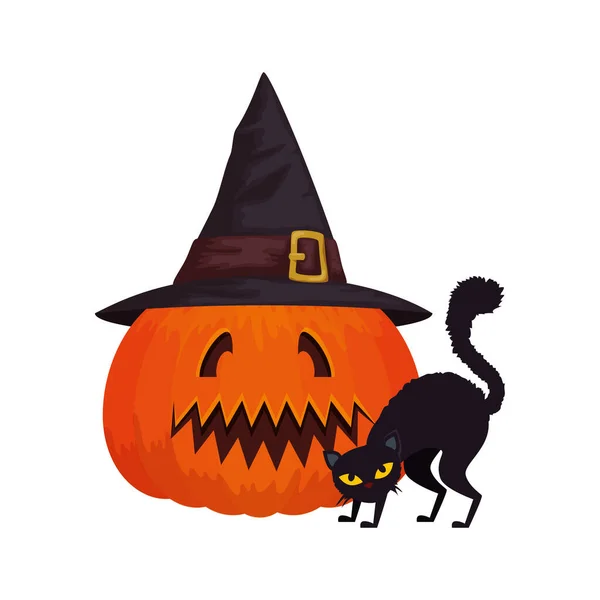 Citrouille halloween avec chapeau sorcière et chat noir — Image vectorielle