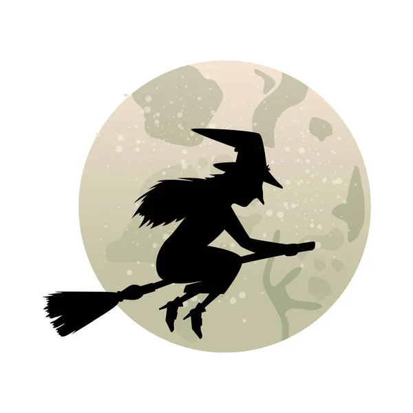 Silueta de bruja volando en escoba icono aislado — Vector de stock