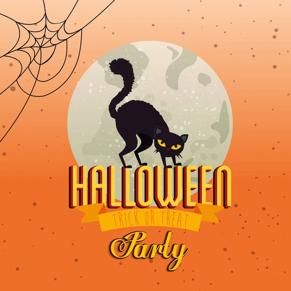Cartel de fiesta halloween con gato negro y luna — Vector de stock