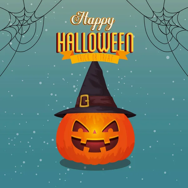 Affiche de Halloween heureux avec citrouille et chapeau sorcière — Image vectorielle