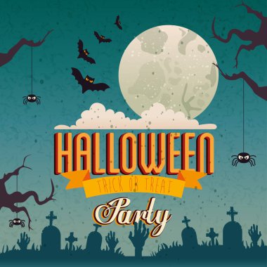 Cadılar bayramının afişi, uçan yarasalar ve simgelerle