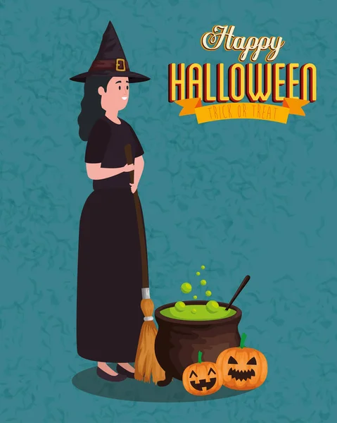 Poster della festa di Halloween con donna travestita da strega — Vettoriale Stock