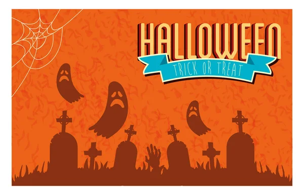 Cartaz de Halloween com fantasmas no cemitério — Vetor de Stock