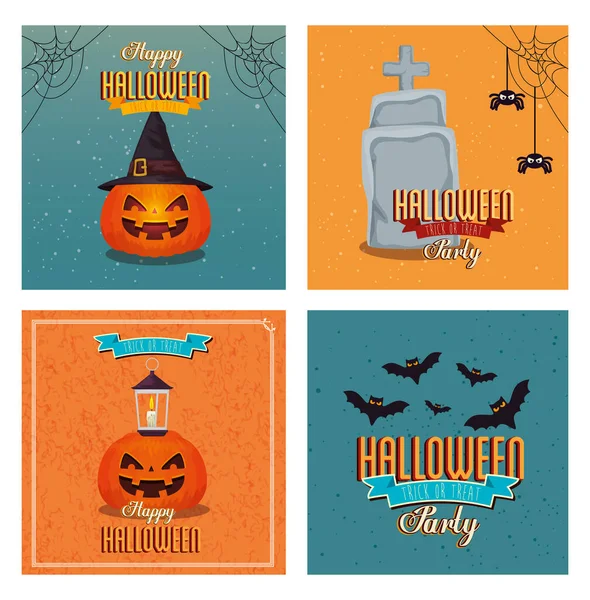 Set van poster gelukkig halloween met decoratie — Stockvector