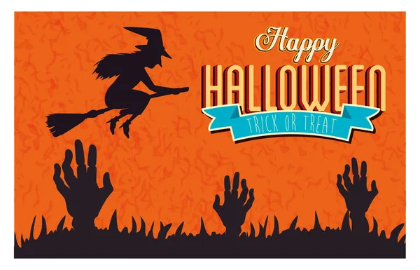Poster di felice Halloween con mani zombie e strega volante — Vettoriale Stock