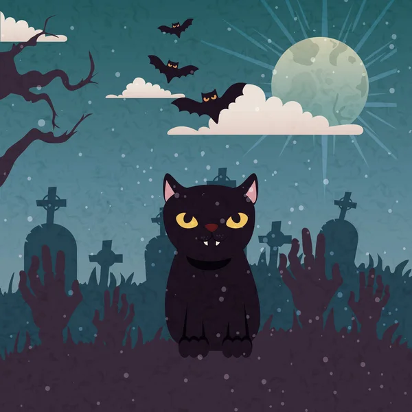Кіт чорний з руками зомбі та іконки в сцені Хеллоуїн — стоковий вектор