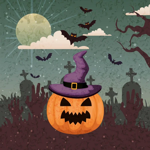 Abóbora com chapéu de bruxa em cena halloween — Vetor de Stock