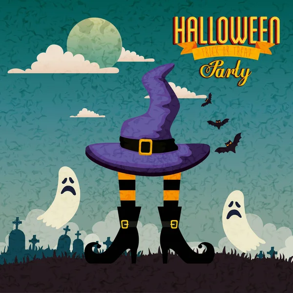 Cartaz de festa halloween com pés bruxa e ícones — Vetor de Stock