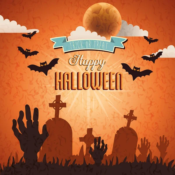 Manos de zombie con murciélagos volando en la escena feliz halloween — Vector de stock
