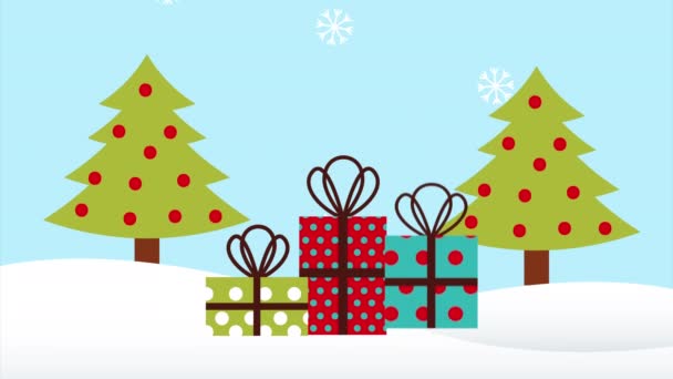 Frohe Weihnachten Animation mit Kiefern und Geschenken in Schneelandschaft — Stockvideo