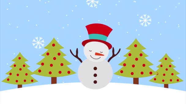 Feliz feliz animación navideña con muñeco de nieve en el paisaje de nieve — Vídeos de Stock