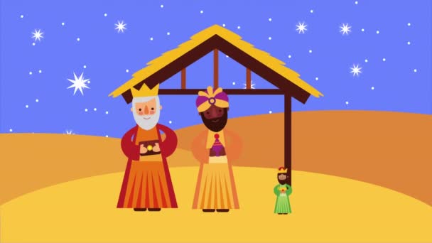 Gelukkig vrolijk kerstfeest animatie met wijze koningen — Stockvideo