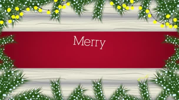 Feliz feliz animación navideña con corona en fondo de madera — Vídeo de stock