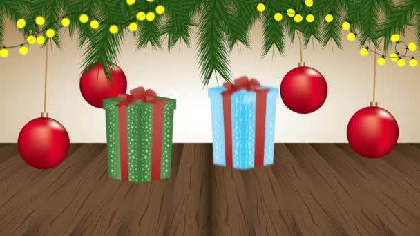 プレゼントやボールと幸せなメリークリスマスのアニメーション — ストック動画
