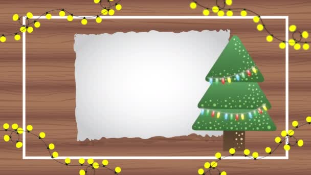 Gelukkig vrolijk kerstfeest animatie met boom in houten achtergrond — Stockvideo