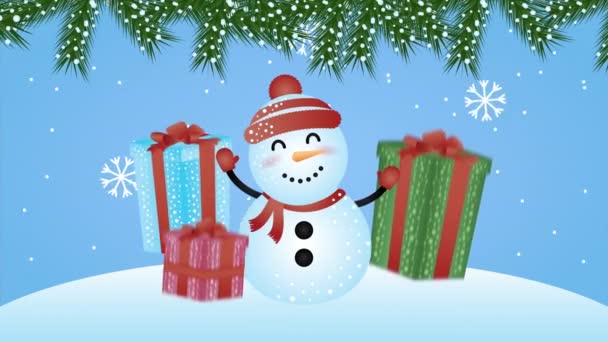 Gelukkig vrolijk kerstfeest animatie met sneeuwpop in snowscape — Stockvideo