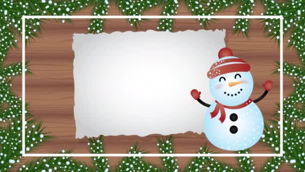 Feliz Feliz Navidad animación con muñeco de nieve en fondo de madera — Vídeos de Stock