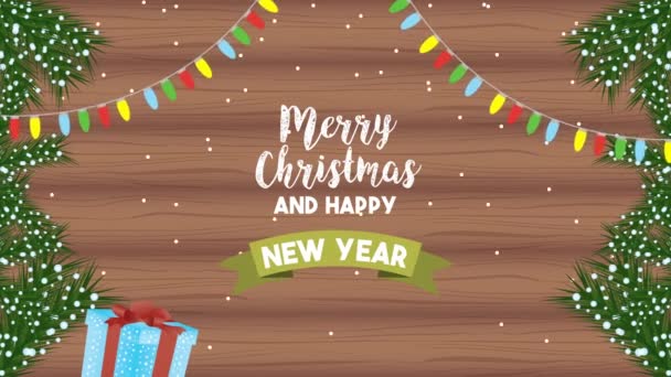 快乐快乐的圣诞动画，木制背景的礼物 — 图库视频影像