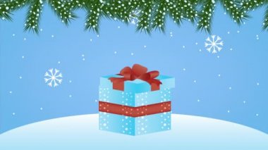 Mutlu Noel animasyonları Geyik ve hediye kar manzarası