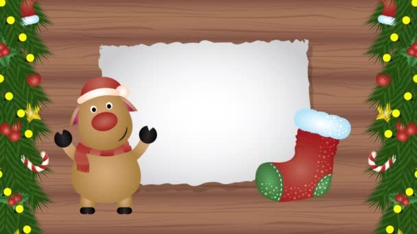 Šťastné veselé vánoční animace s jelenem v dřevěném pozadí — Stock video