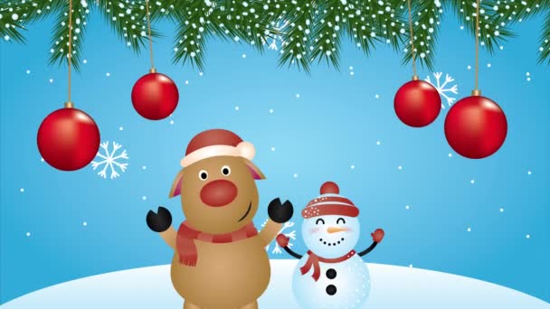 Frohe Weihnachten Animation mit Hirsch und Schneemann in Schneelandschaft — Stockvideo