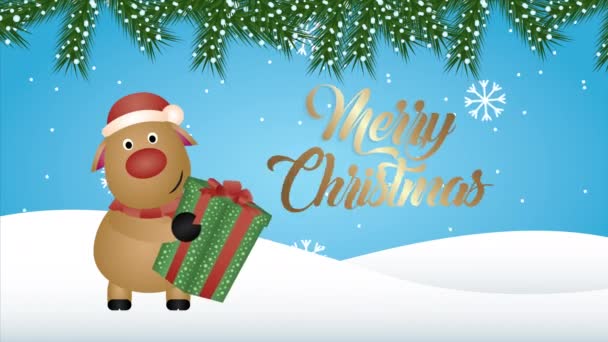 Счастливого Рождества анимация с оленем и подарок в снежном пейзаже — стоковое видео
