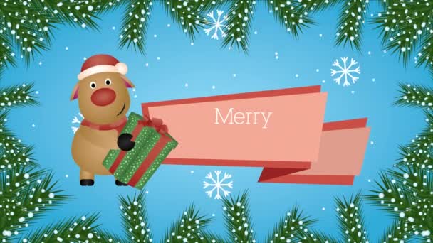 Счастливого Рождества анимация с оленем и подарок — стоковое видео