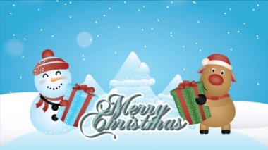 Geyik ve kardan adamla mutlu noel animasyonları