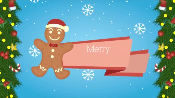 Gelukkig vrolijk kerstfeest animatie met gember koekje — Stockvideo