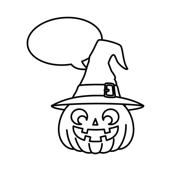 Citrouille d'Halloween avec chapeau sorcière et bulle de parole — Image vectorielle