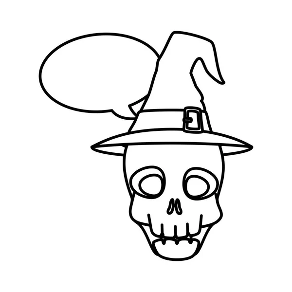 Totenkopf-Halloween mit Huthexe und Sprechblase — Stockvektor