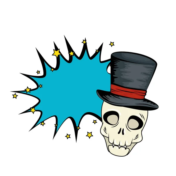 Skull dead halloween with wizard hat style pop art — Stock Vector