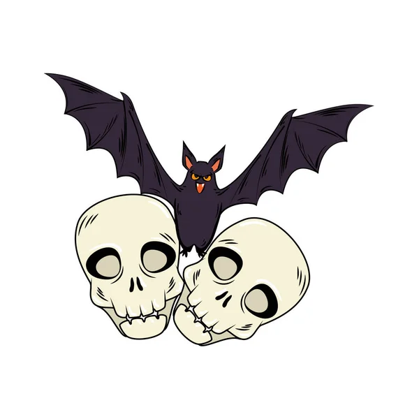 Crânios halloween com morcego voando estilo pop art — Vetor de Stock