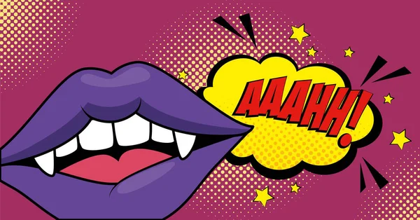 Female vampire lips style pop art — Stock Vector