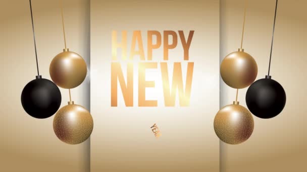 Felice anno nuovo animazione con palle d'oro appeso — Video Stock