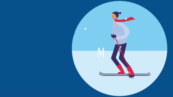 Happy merry christmas card with man skiing — Stock Video