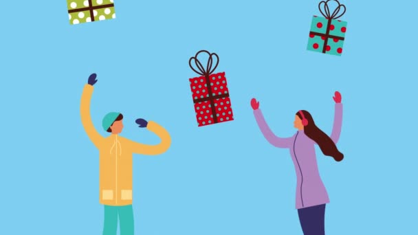 Wesołych Świąt kartka z ludźmi i prezenty — Wideo stockowe