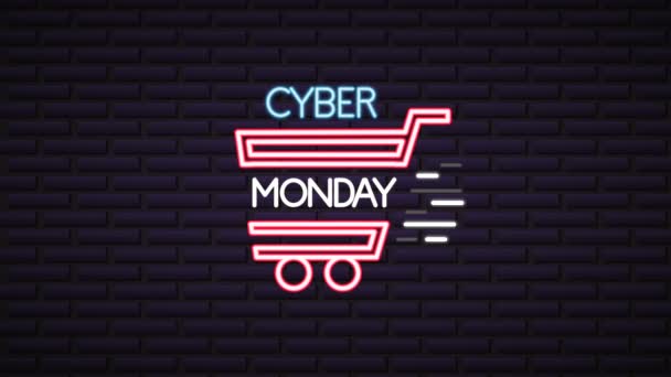 Cyber monday neon lights animation mit warenkorb — Stockvideo